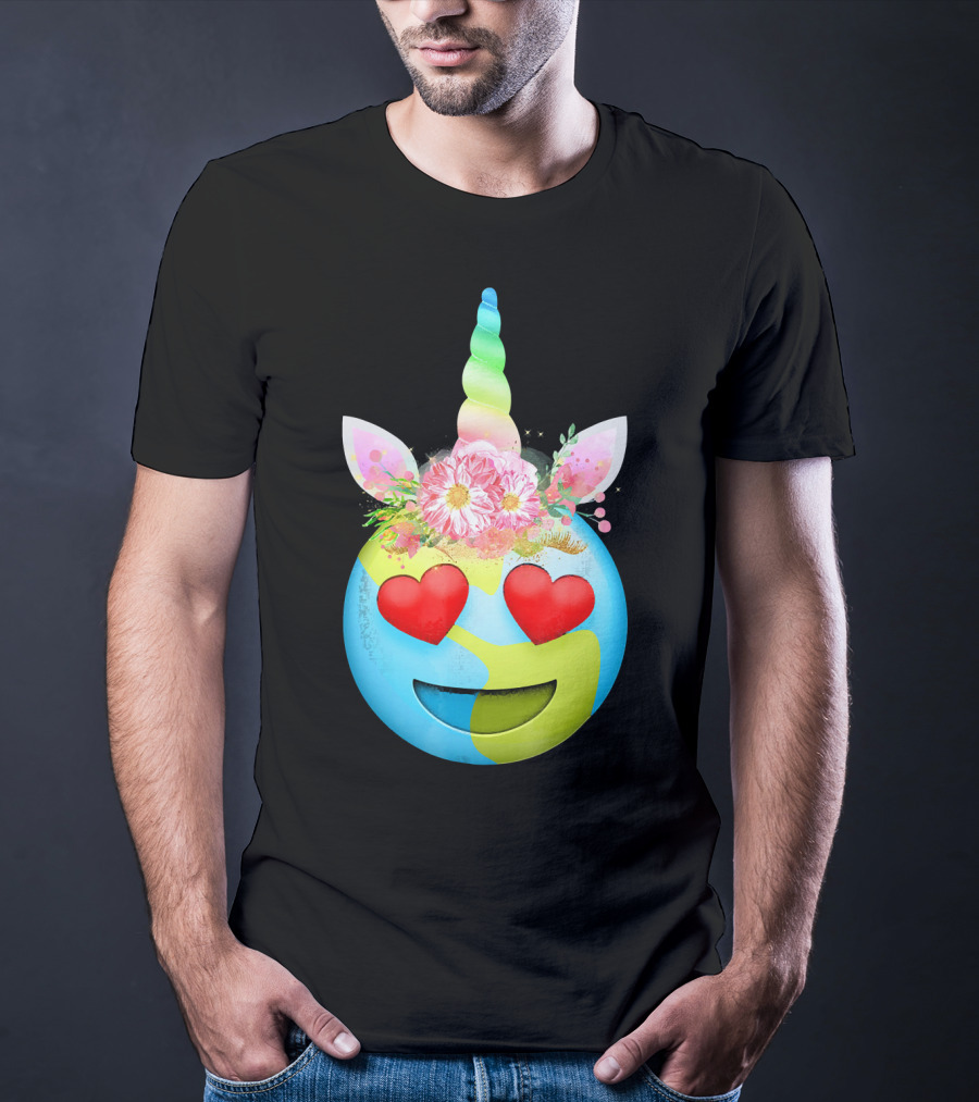 Heart Eyes Unicorn Earth Day Emoji Floral Mane T-Shirt