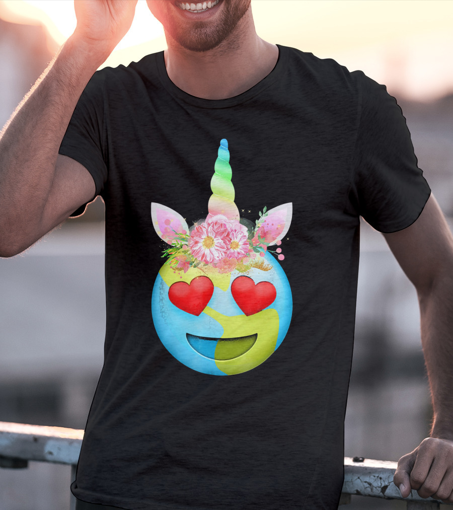 Heart Eyes Unicorn Earth Day Emoji Floral Mane T-Shirt