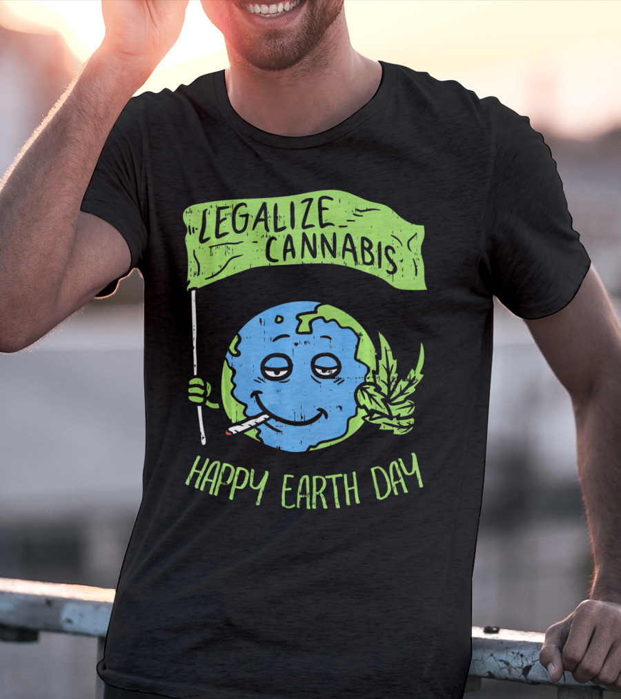 Legalize Cannabis Happy Earth Day Smoky Globe Holding Leaf T-Shirt