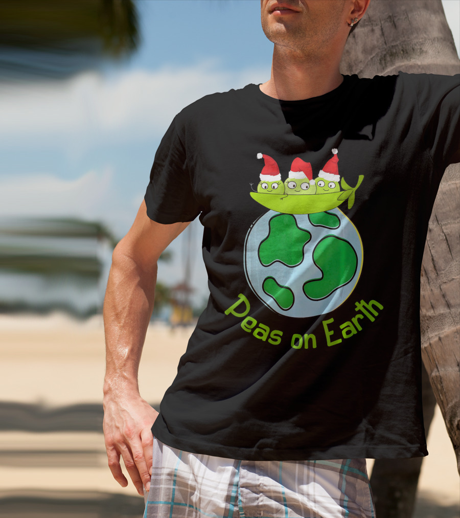 Christmas Peas On Earth With Santa Hat Vegetables On Globe T-Shirt