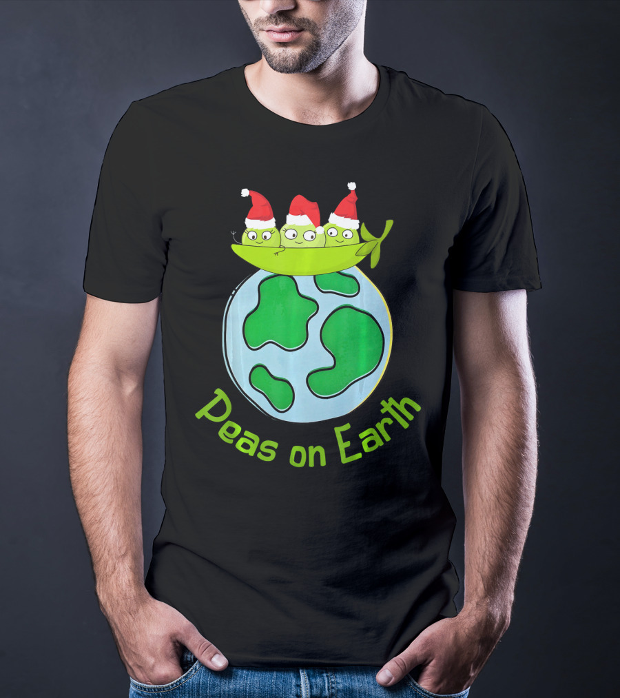 Christmas Peas On Earth With Santa Hat Vegetables On Globe T-Shirt