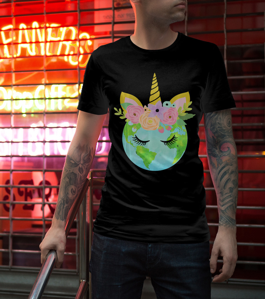 Floral Unicorn Globe For Earth Day T-Shirt