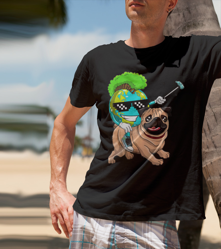 Earth Day Pug With Cool Recycling Globe And Sunglasses T-Shirt