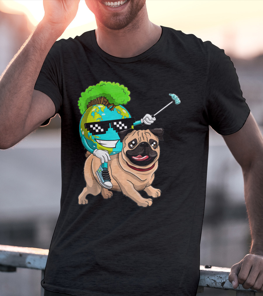 Earth Day Pug With Cool Recycling Globe And Sunglasses T-Shirt