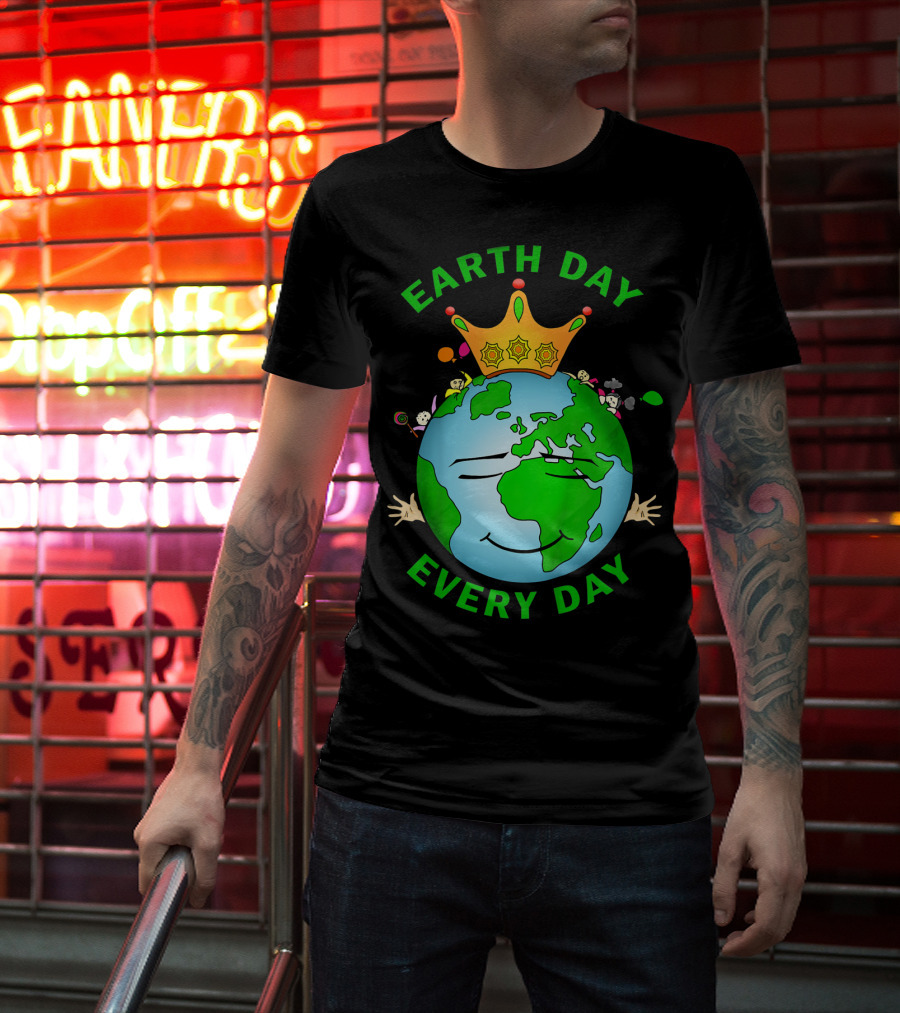 Earth Day Every Day Smiling Earth With Crown And Playful Elements T-Shirt