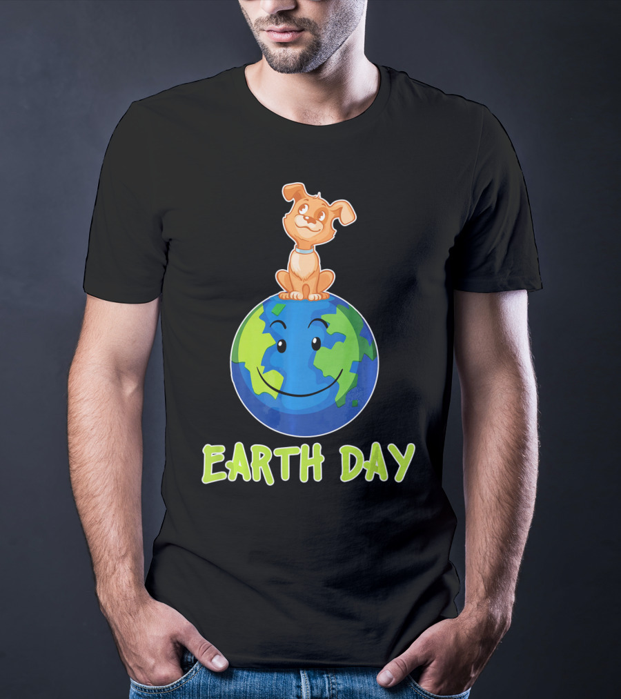 Earth Day Dog On Smiling Planet Earth T-Shirt