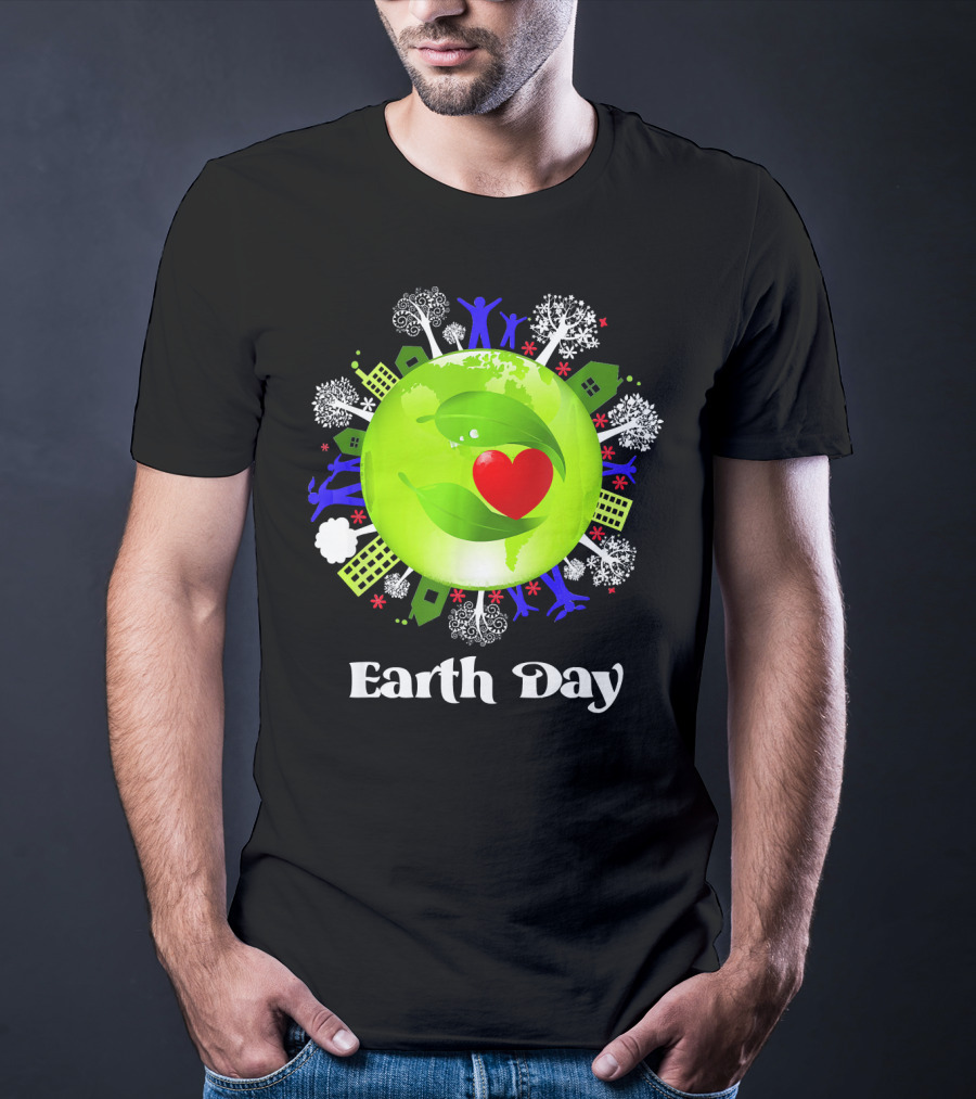 Earth Day Planet Earth Love With Leaf And Heart T-Shirt