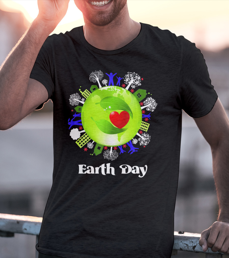 Earth Day Planet Earth Love With Leaf And Heart T-Shirt