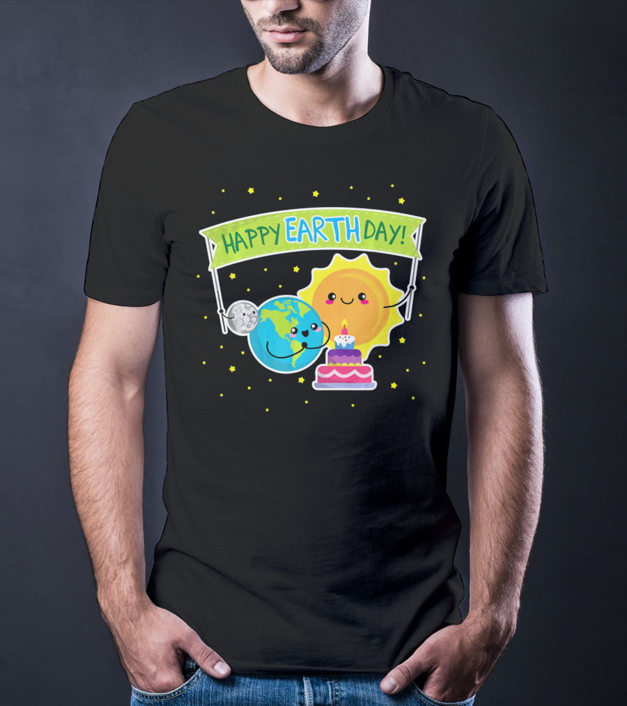 Happy Earth Day Cute Earth Sun Moon Cake T-Shirt
