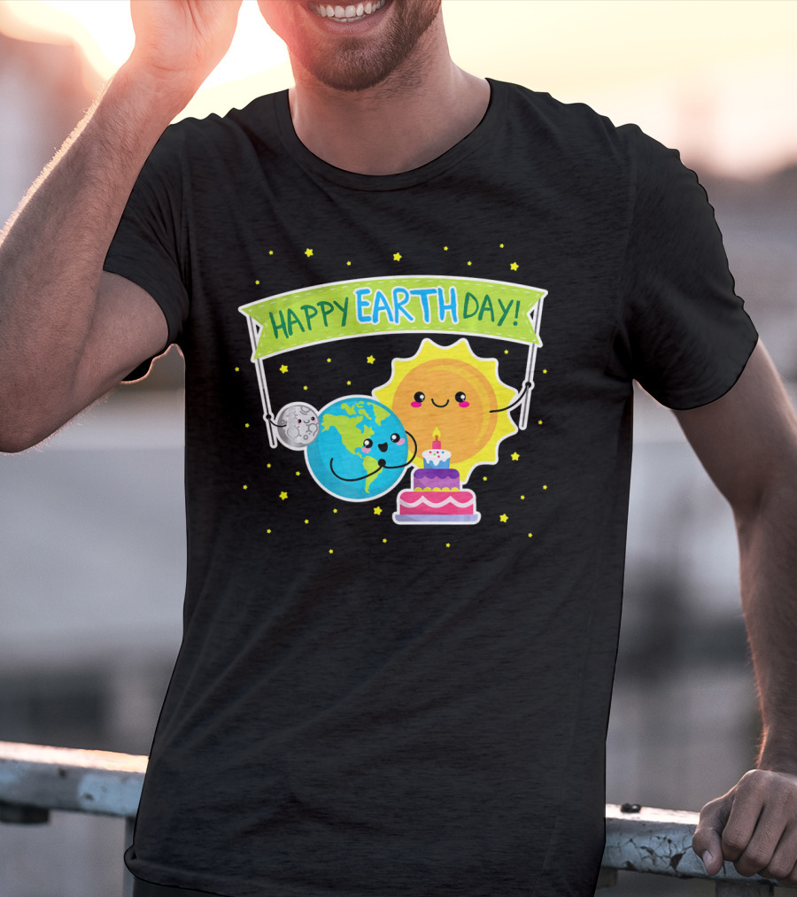 Happy Earth Day Cute Earth Sun Moon Cake T-Shirt