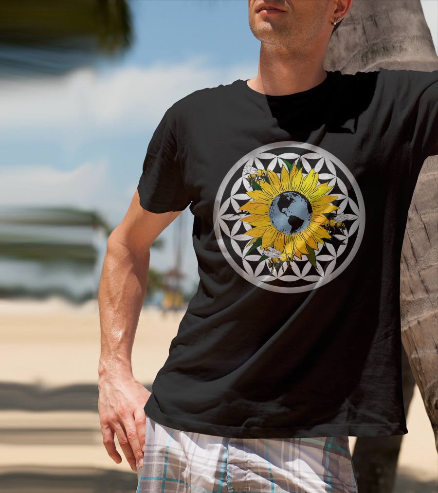 Sunflower Earth With Flower Of Life And Bees T-Shirt