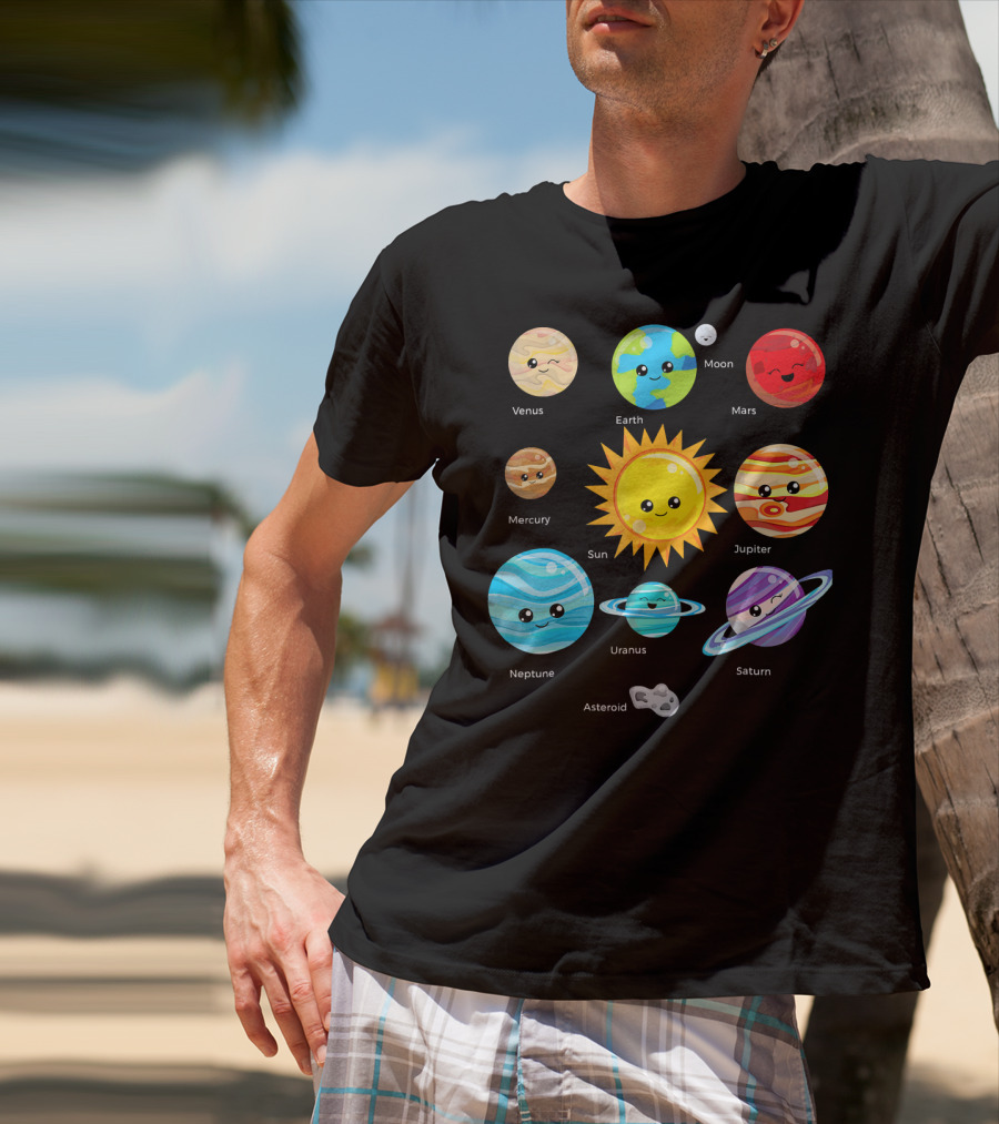 Solar System Planets Earth Moon Sun Venus Mars Mercury Jupiter Neptune Uranus Saturn Asteroid Cartoon T-Shirt