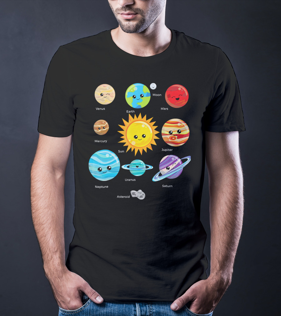 Solar System Planets Earth Moon Sun Venus Mars Mercury Jupiter Neptune Uranus Saturn Asteroid Cartoon T-Shirt