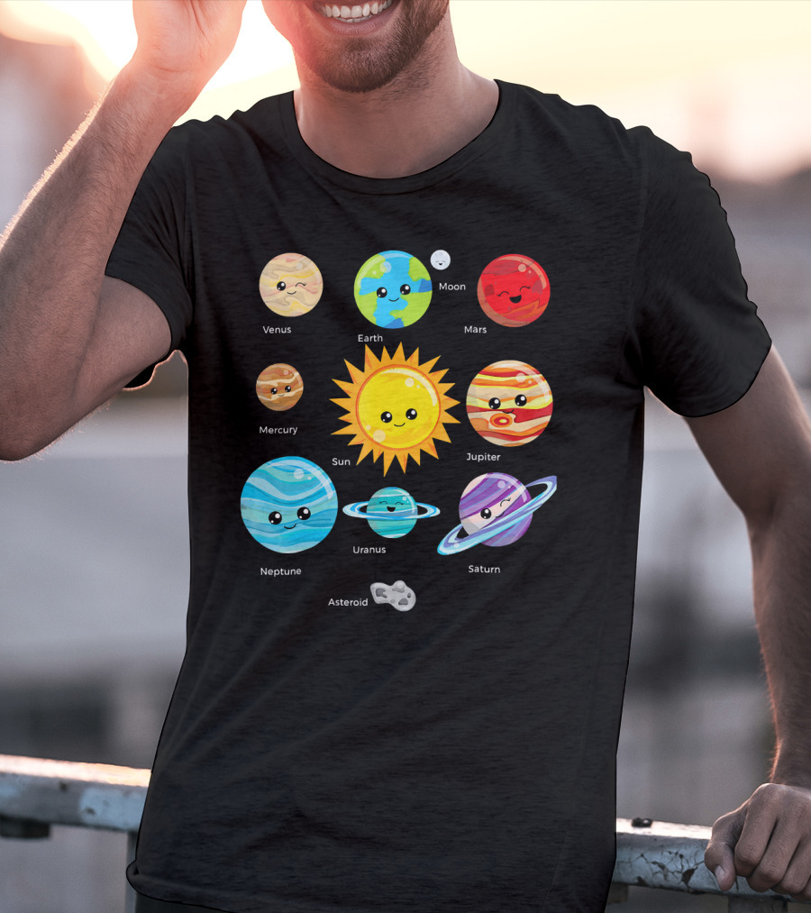 Solar System Planets Earth Moon Sun Venus Mars Mercury Jupiter Neptune Uranus Saturn Asteroid Cartoon T-Shirt