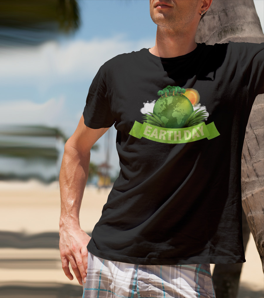 Happy Earth Day Globe With Green Banner And Sun T-Shirt
