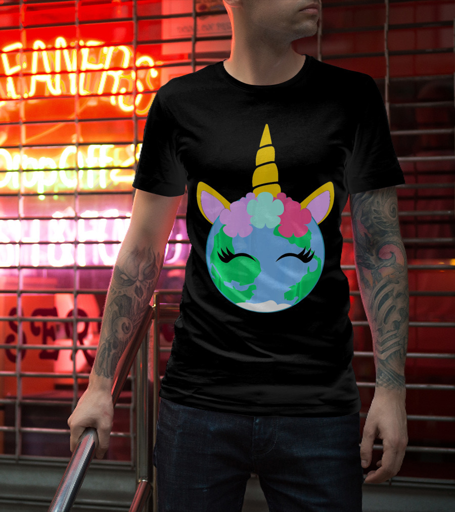 Unicorn Earth Cute Unicorn Face Earth With Flowers And Horn T-Shirt