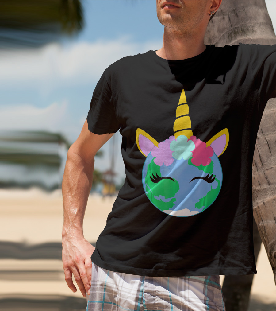 Unicorn Earth Cute Unicorn Face Earth With Flowers And Horn T-Shirt
