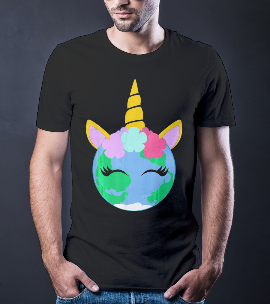 Unicorn Earth Cute Unicorn Face Earth With Flowers And Horn T-Shirt