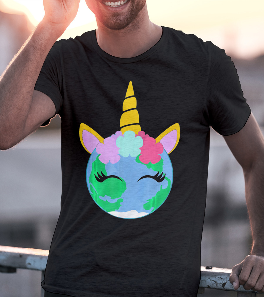 Unicorn Earth Cute Unicorn Face Earth With Flowers And Horn T-Shirt