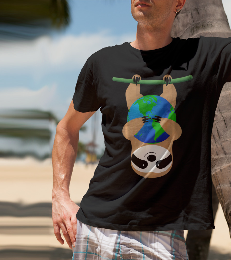 Earth Day Love The Earth Hanging Sloth Hugging Globe T-Shirt