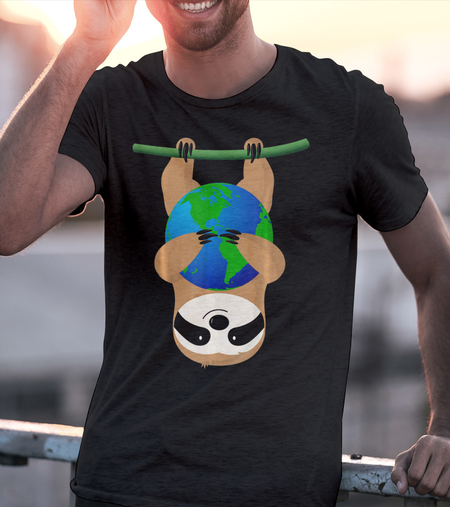 Earth Day Love The Earth Hanging Sloth Hugging Globe T-Shirt