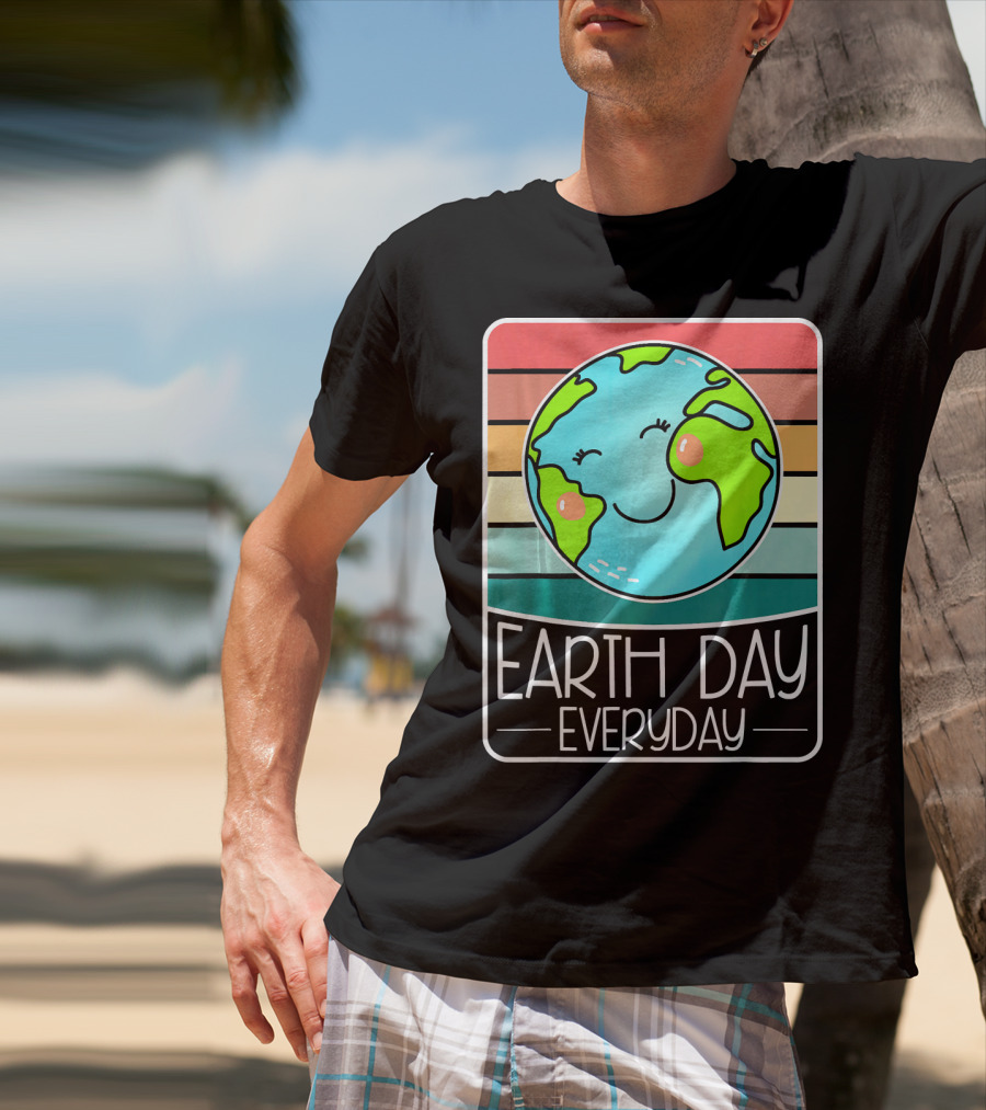 Earth Day Everyday Smiling Earth On Retro Stripes T-Shirt
