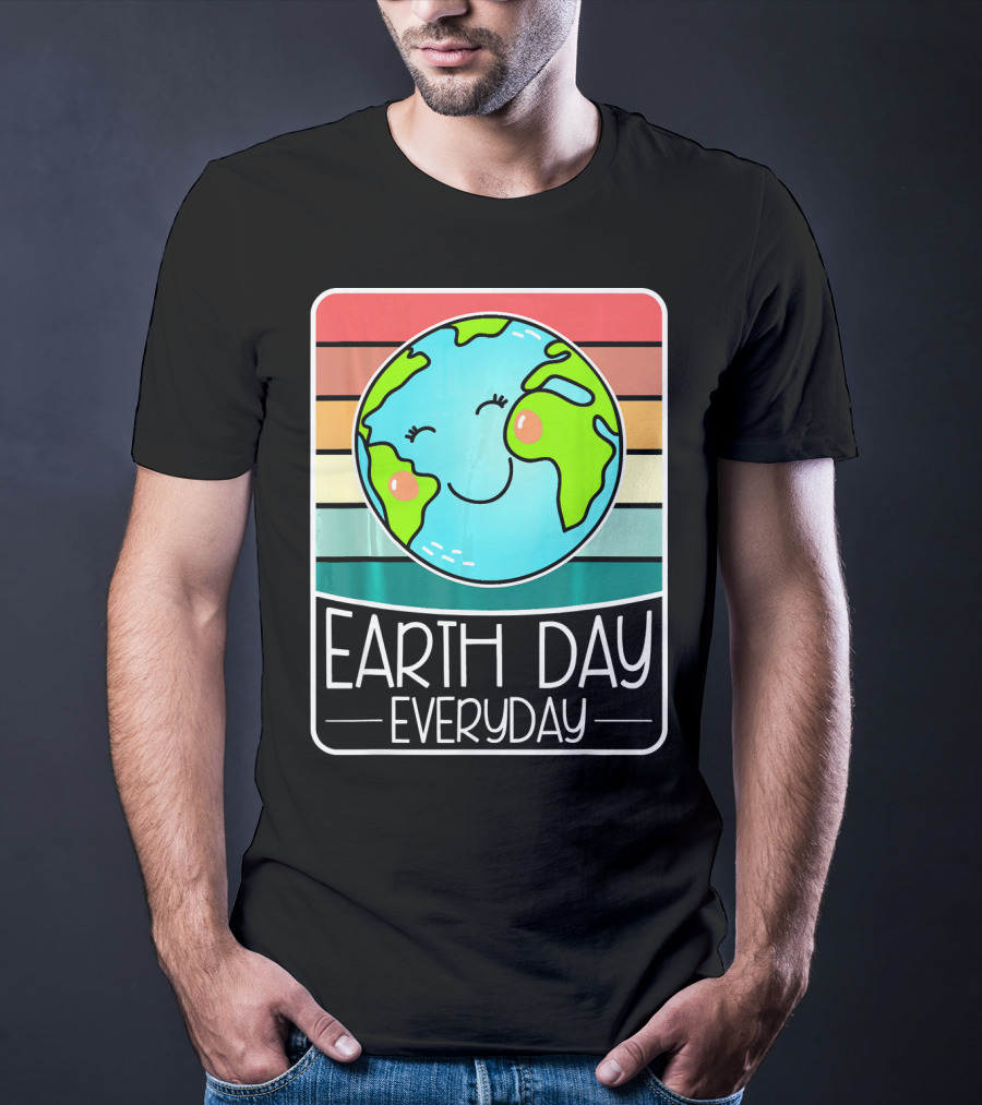 Earth Day Everyday Smiling Earth On Retro Stripes T-Shirt