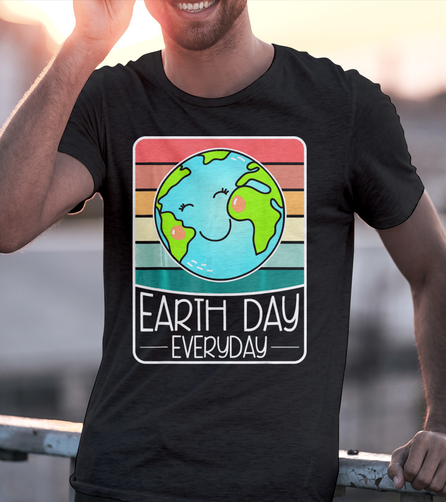 Earth Day Everyday Smiling Earth On Retro Stripes T-Shirt