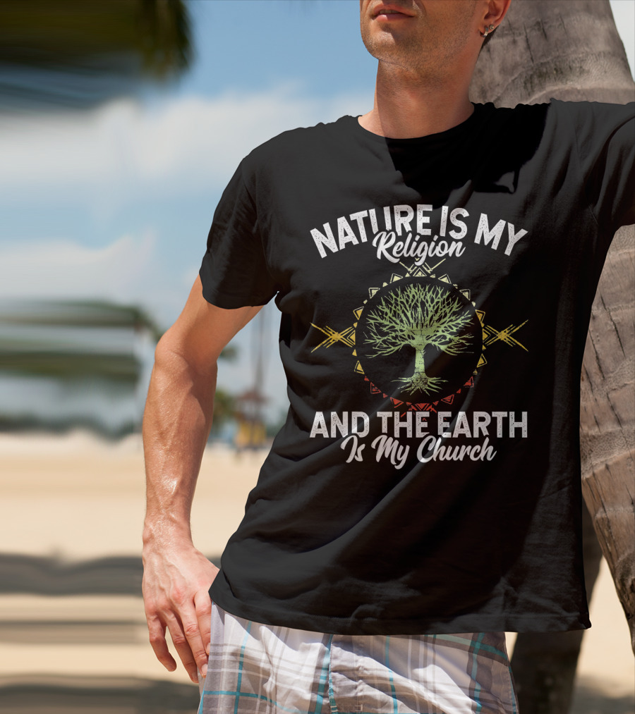 Nature Is My Religion And The Earth Is My Church Tree Silhouette On Mandala T-Shirt