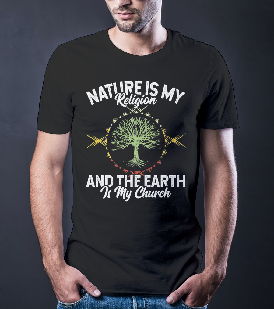 Nature Is My Religion And The Earth Is My Church Tree Silhouette On Mandala T-Shirt