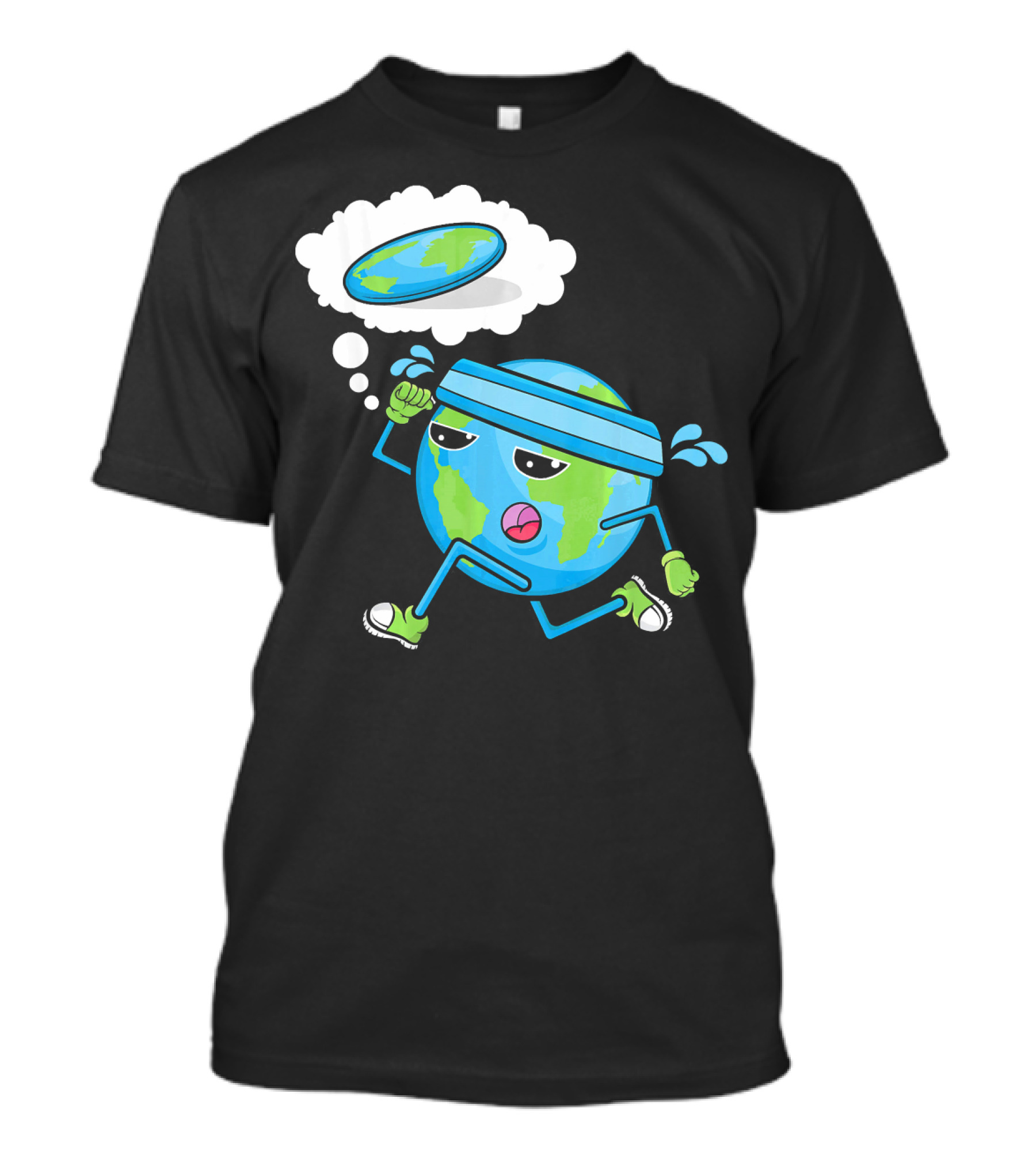 Flat Earth Gym Runner Cartoon With Sweatband And Sneakers T-Shirt