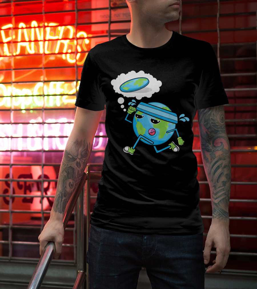 Flat Earth Gym Runner Cartoon With Sweatband And Sneakers T-Shirt