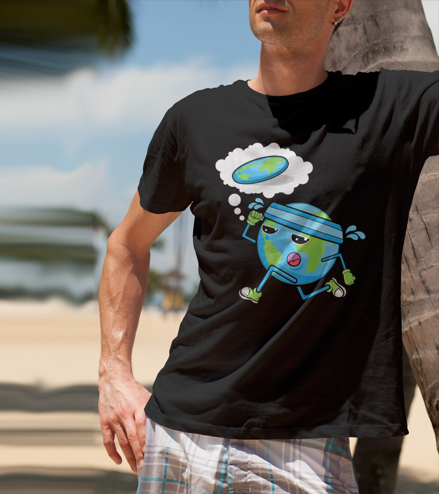 Flat Earth Gym Runner Cartoon With Sweatband And Sneakers T-Shirt