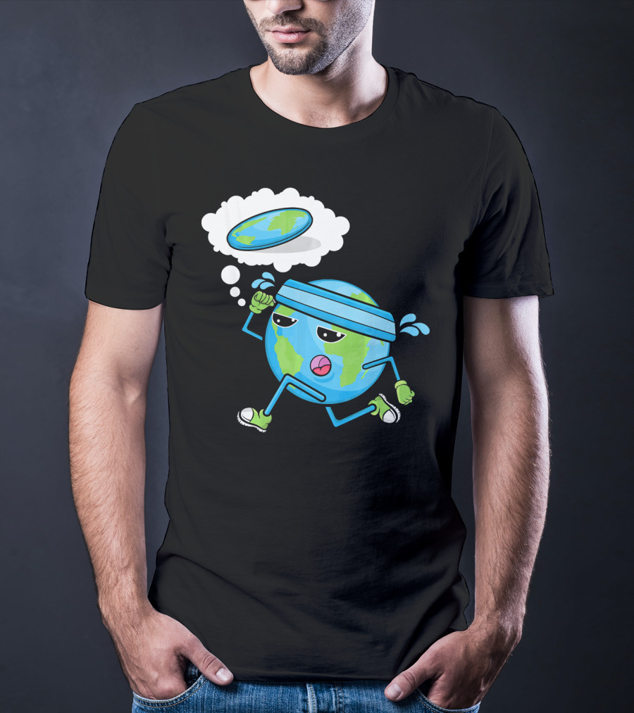Flat Earth Gym Runner Cartoon With Sweatband And Sneakers T-Shirt