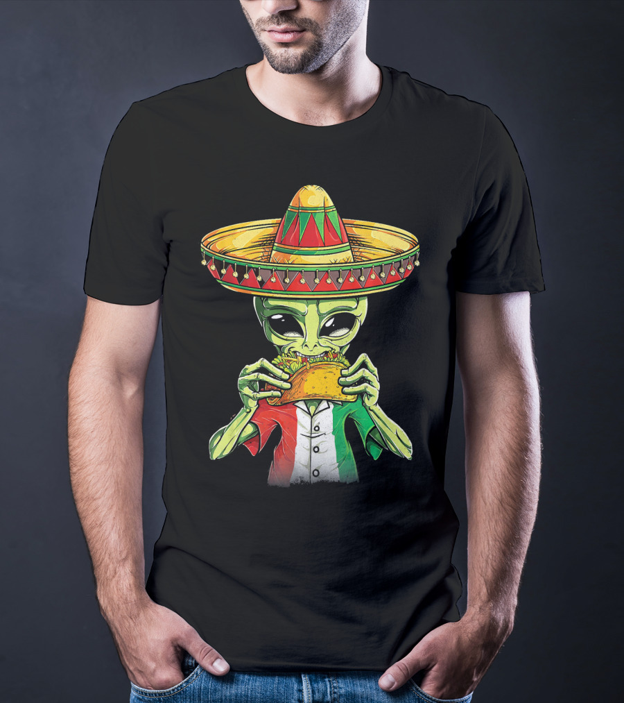 Cinco De Mayo Alien With Sombrero Eating Taco T-Shirt