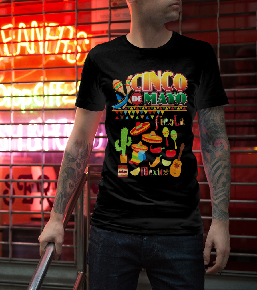 Cinco De Mayo Fiesta Mexico Cactus Sombrero Maracas Guitar Lime Chilli Peppers Icons T-Shirt