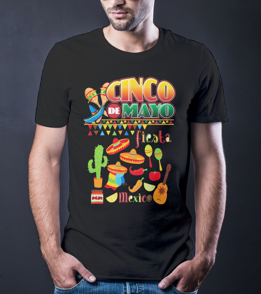 Cinco De Mayo Fiesta Mexico Cactus Sombrero Maracas Guitar Lime Chilli Peppers Icons T-Shirt