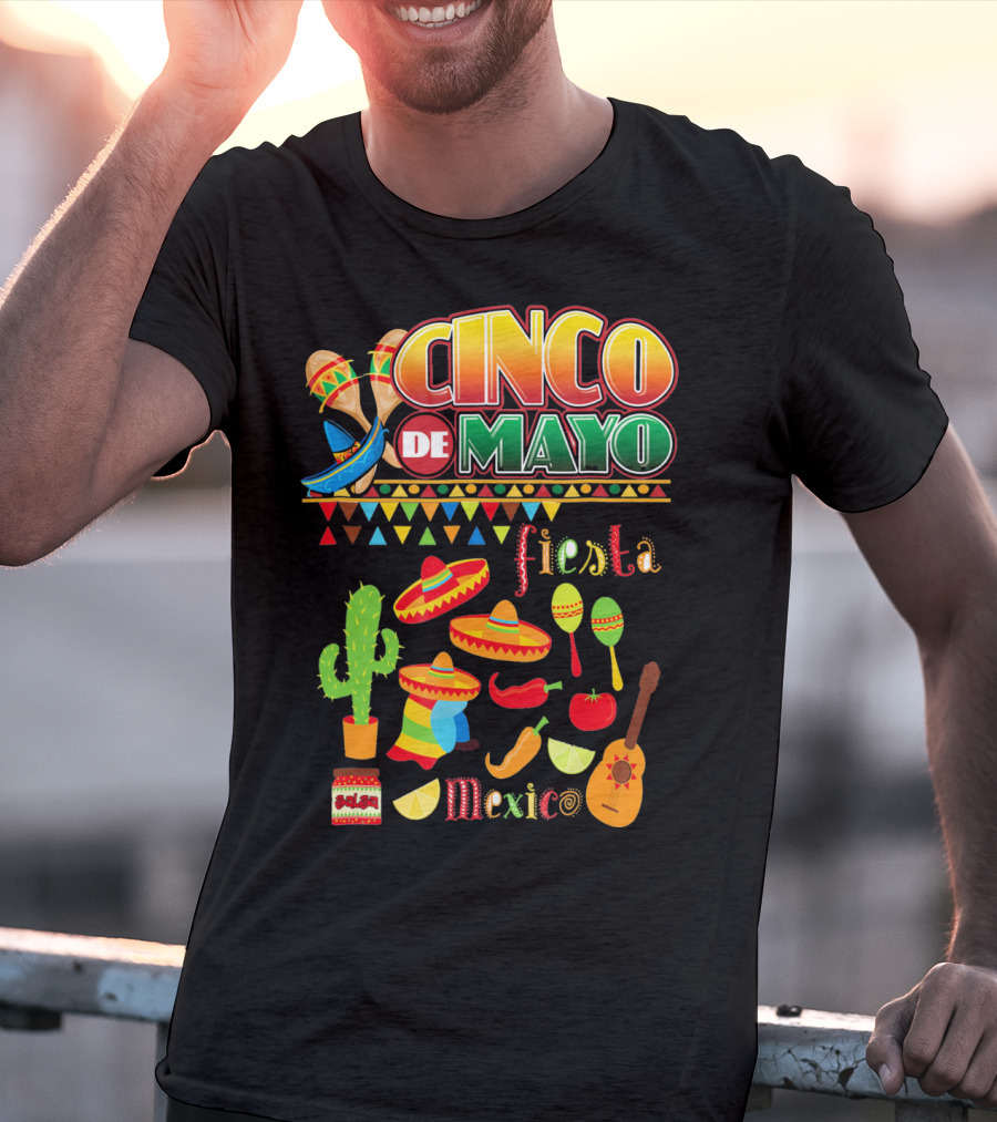 Cinco De Mayo Fiesta Mexico Cactus Sombrero Maracas Guitar Lime Chilli Peppers Icons T-Shirt