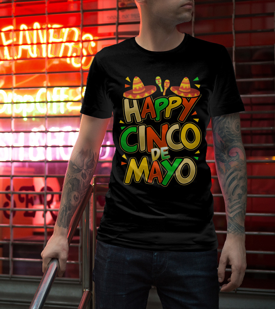 Happy Cinco De Mayo Fiesta Celebration Mexican Sombrero And Maracas T-Shirt