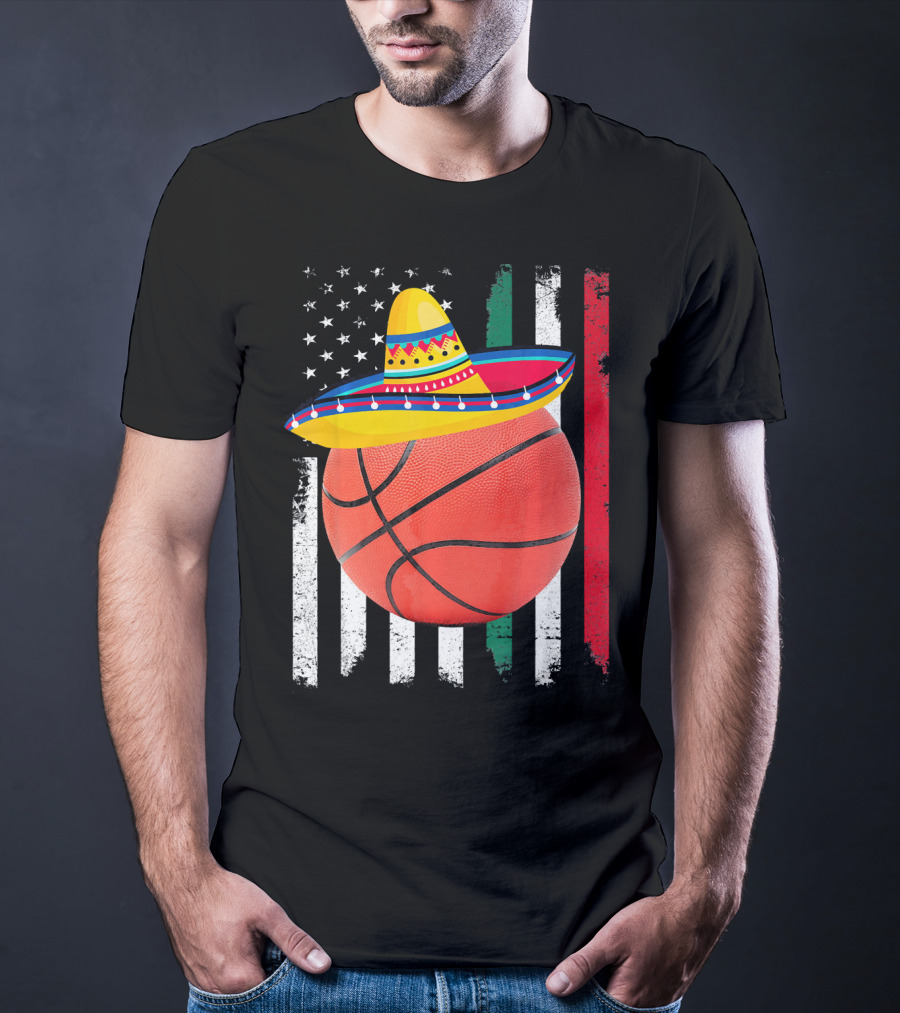 Cinco De Mayo Basketball Sombrero USA Mexico Flag T-Shirt