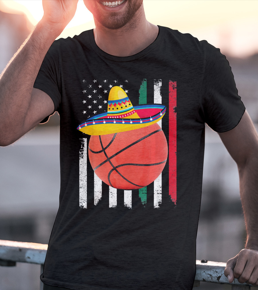 Cinco De Mayo Basketball Sombrero USA Mexico Flag T-Shirt