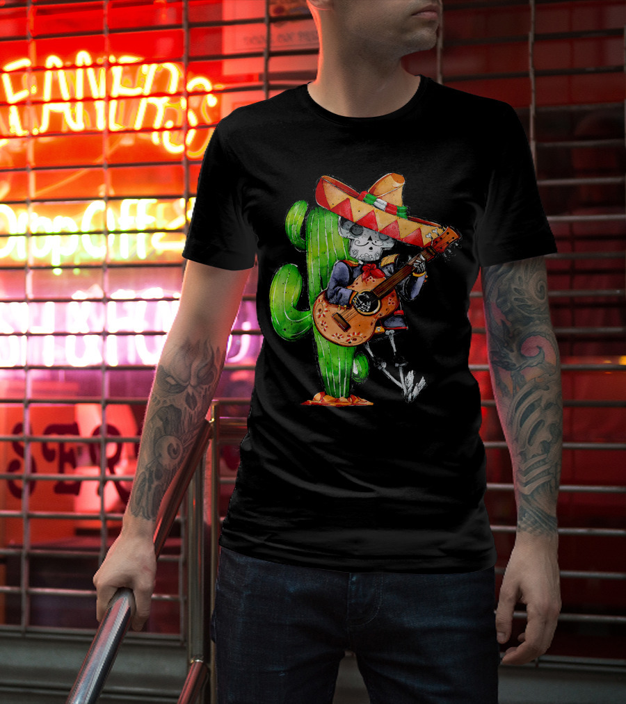 Mexican Independence Cinco De Mayo Mariachi Skeleton With Sombrero And Guitar T-Shirt
