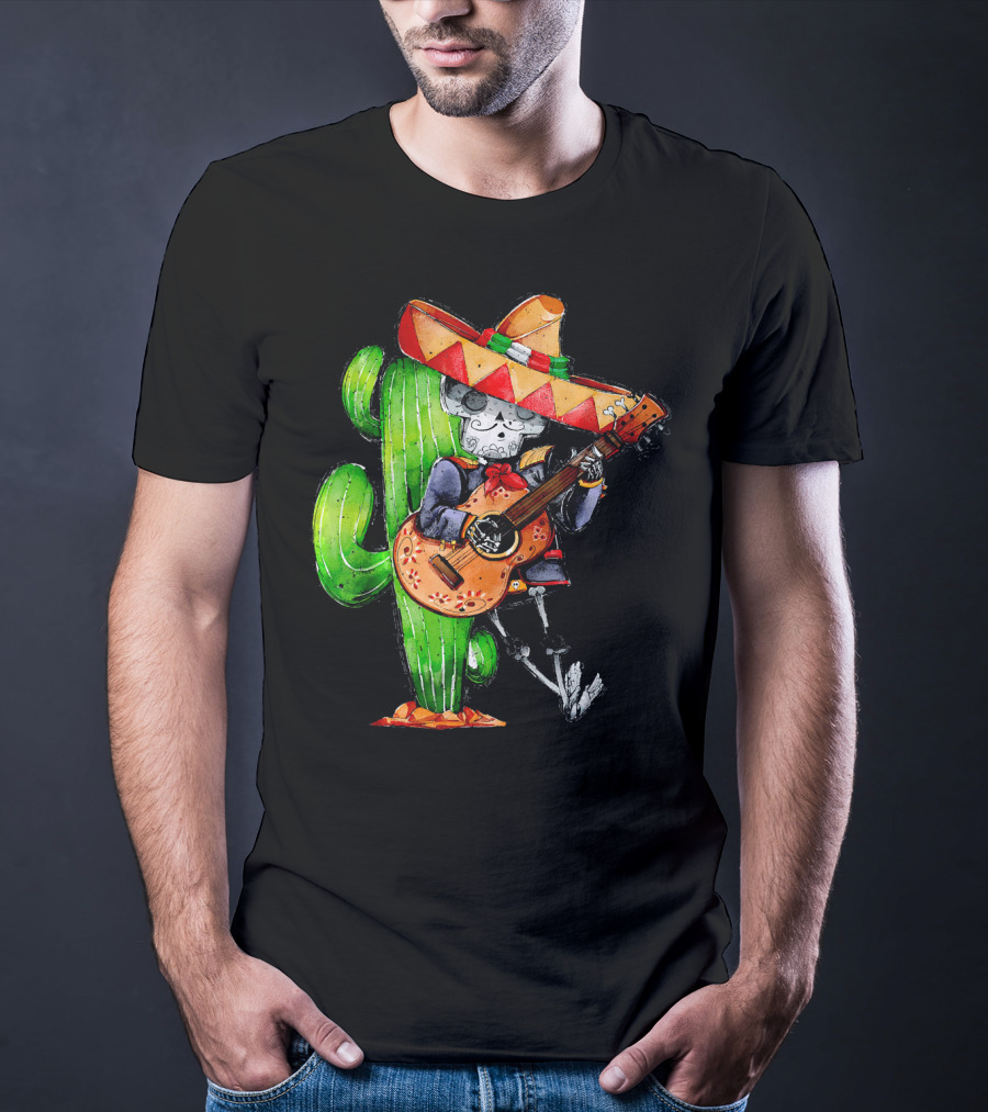 Mexican Independence Cinco De Mayo Mariachi Skeleton With Sombrero And Guitar T-Shirt