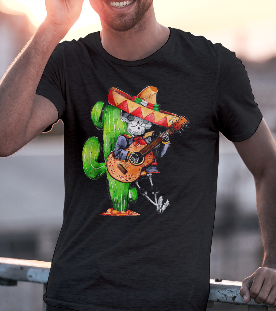 Mexican Independence Cinco De Mayo Mariachi Skeleton With Sombrero And Guitar T-Shirt