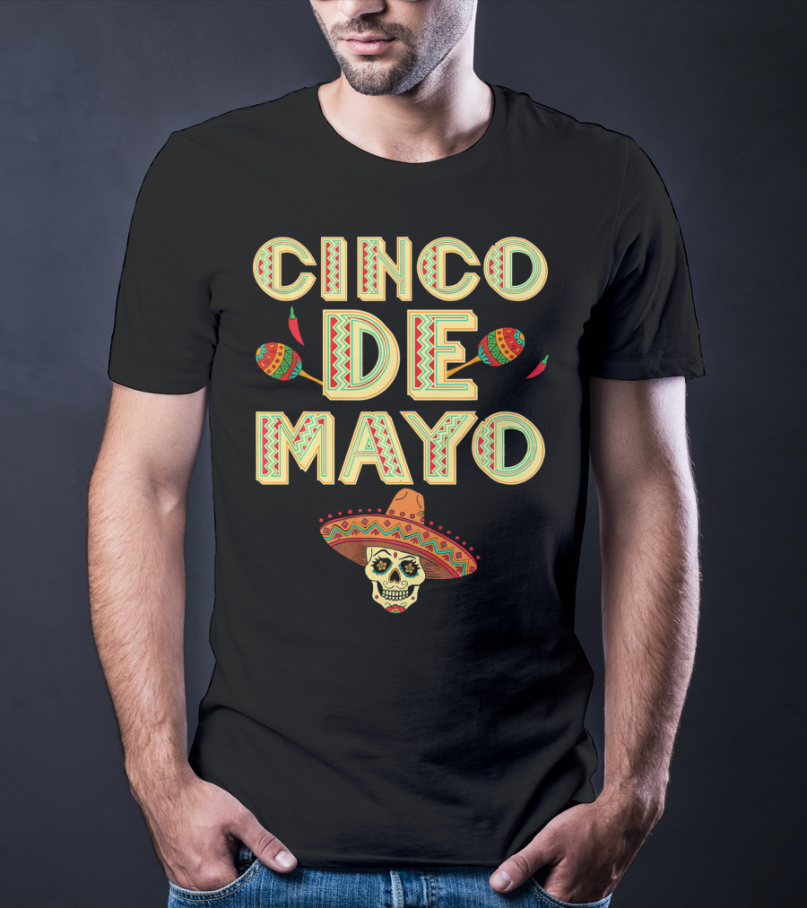 Cinco De Mayo Fiesta Skull Sombrero And Maracas T-Shirt