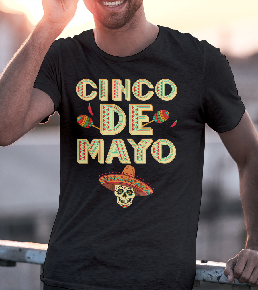 Cinco De Mayo Fiesta Skull Sombrero And Maracas T-Shirt