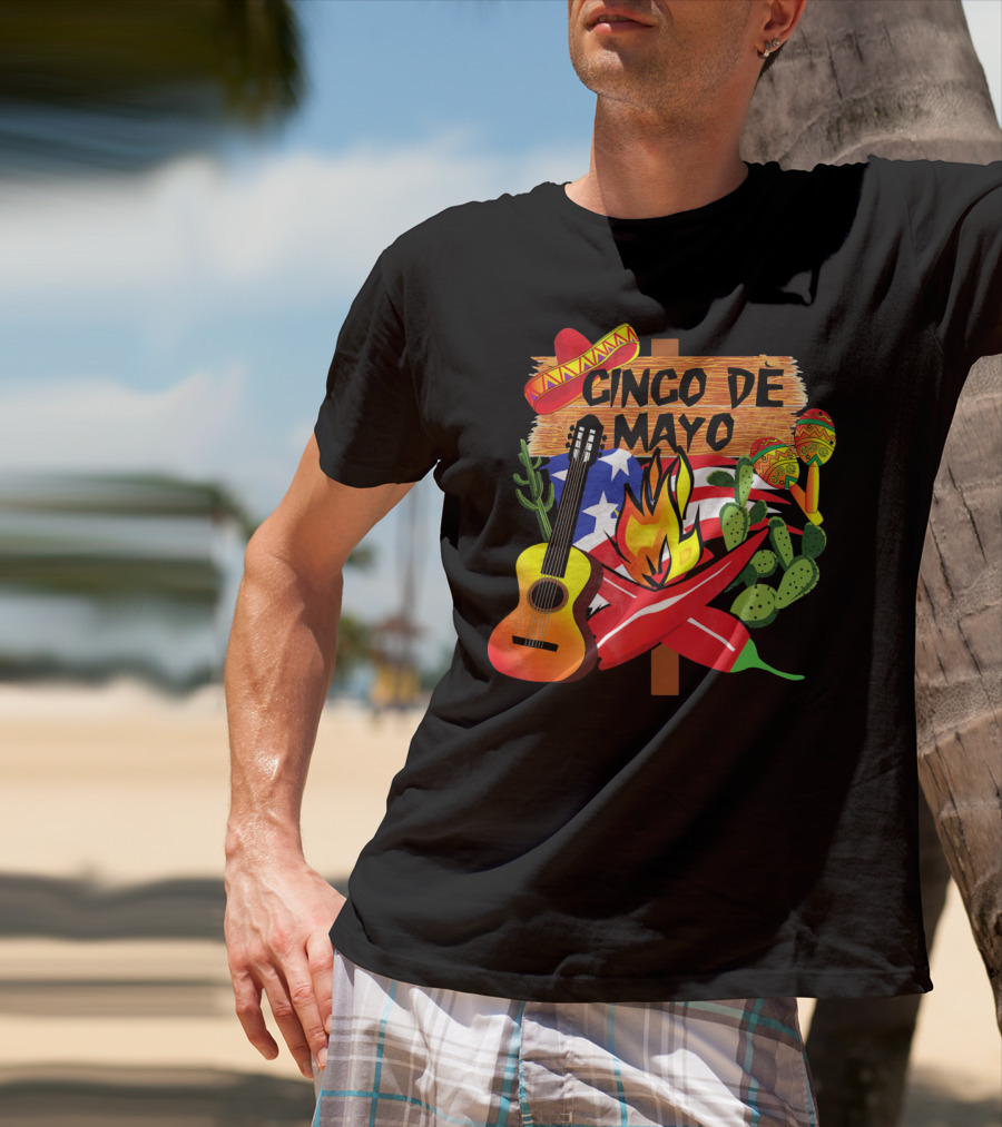 Cinco De Mayo America Loves Mexico With Sombrero Guitar Peppers Cactus And Maracas T-Shirt