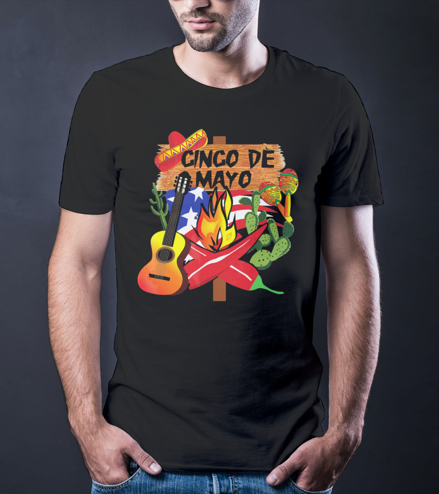 Cinco De Mayo America Loves Mexico With Sombrero Guitar Peppers Cactus And Maracas T-Shirt