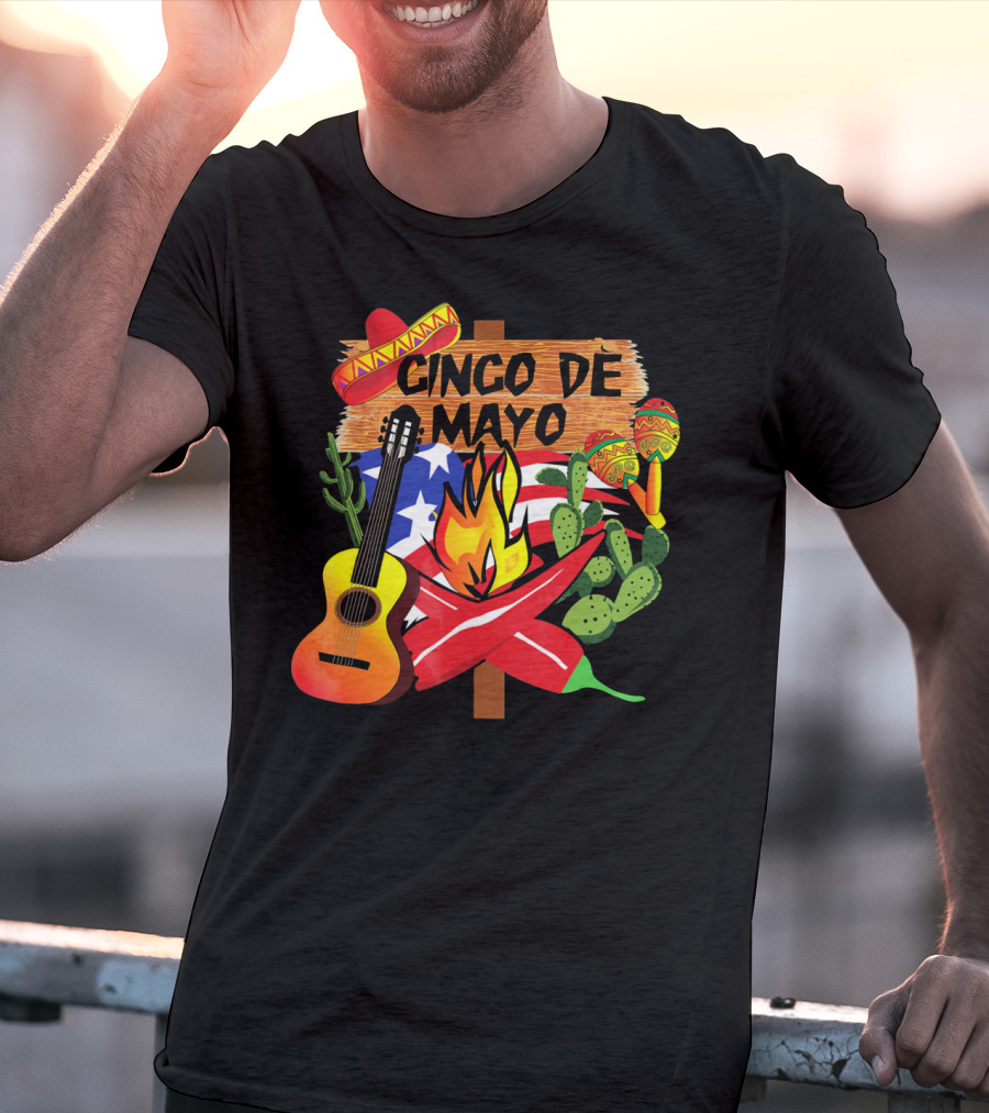 Cinco De Mayo America Loves Mexico With Sombrero Guitar Peppers Cactus And Maracas T-Shirt