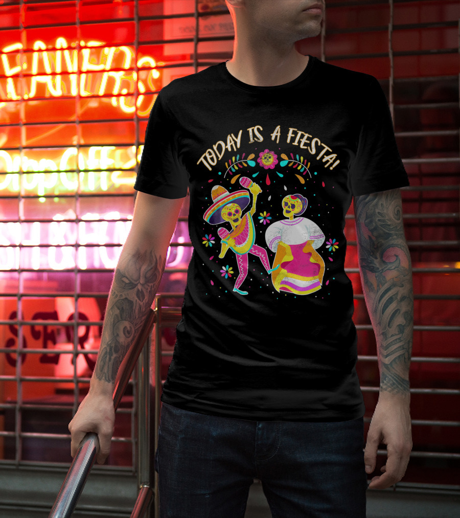 Today Is A Fiesta Cute Sugar Skull Dancing Mariachi And Celebrating Skeleton T-Shirt